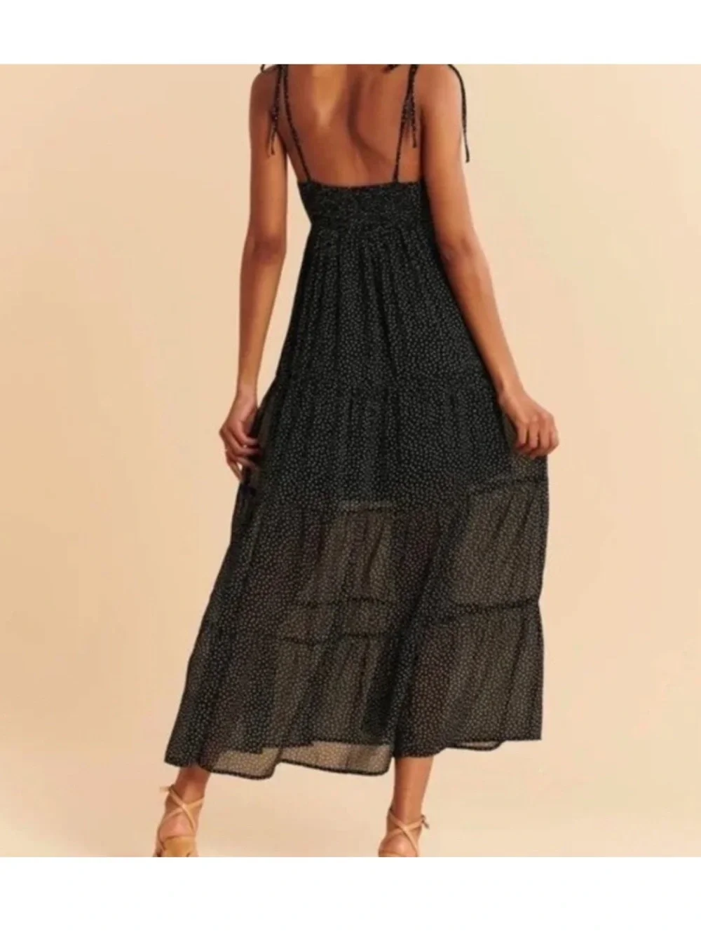 Abercrombie & Fitch V Neck Tiered Black Polka Dot Maxi Dress with Tie Straps